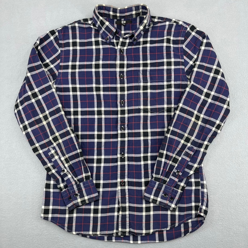 Uniqlo Mens Plaid Button Down Shirt Navy Blue White Red Cotton M